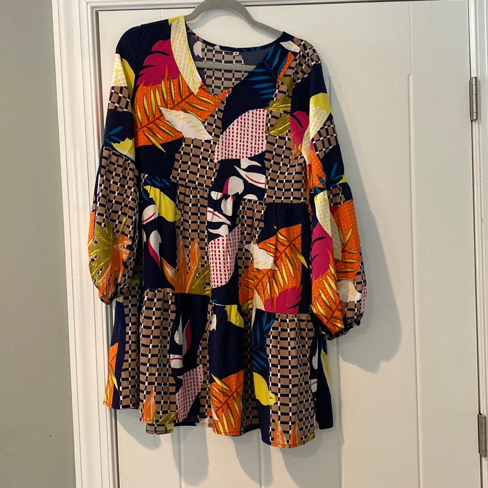 Abstract Tropical Print Babydoll Tunic Dress